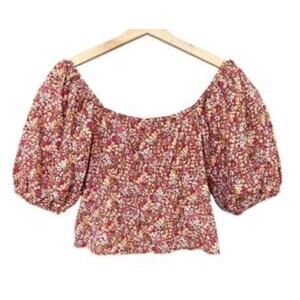 Sim & Sam Cottagecore Red Floral Puff Sleeve Crop Top 100% Cotton Boho Large